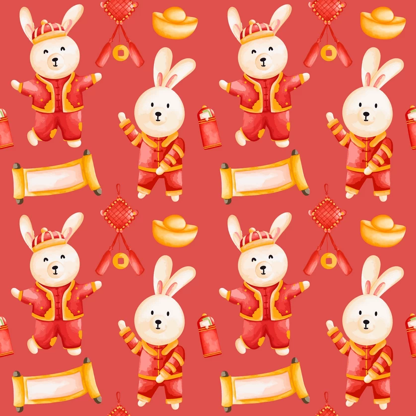 兔年红色喜庆新年春节元素印花效果无缝背景底纹AI矢量设计素材【008】